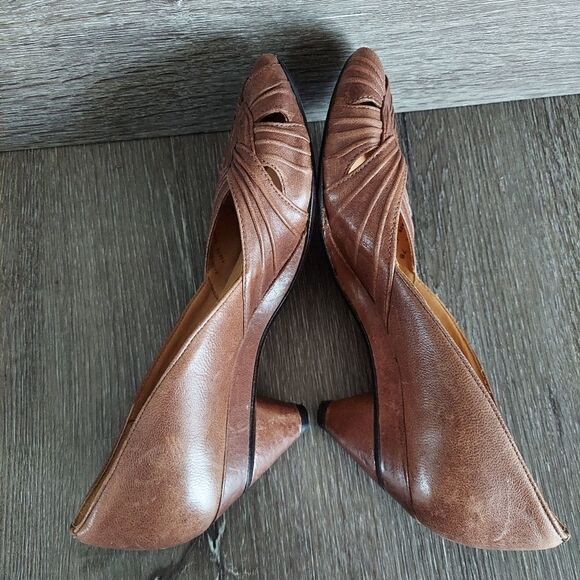 Vintage Frye Brown Leather Peep Toe Slip On Heels Shoes Size 7 - Picture 6 of 9